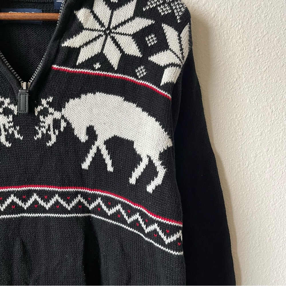 Chaps Moose Winter Red Black Zip Up Sweater with Nordic Patterns - Picture 3 of 4
